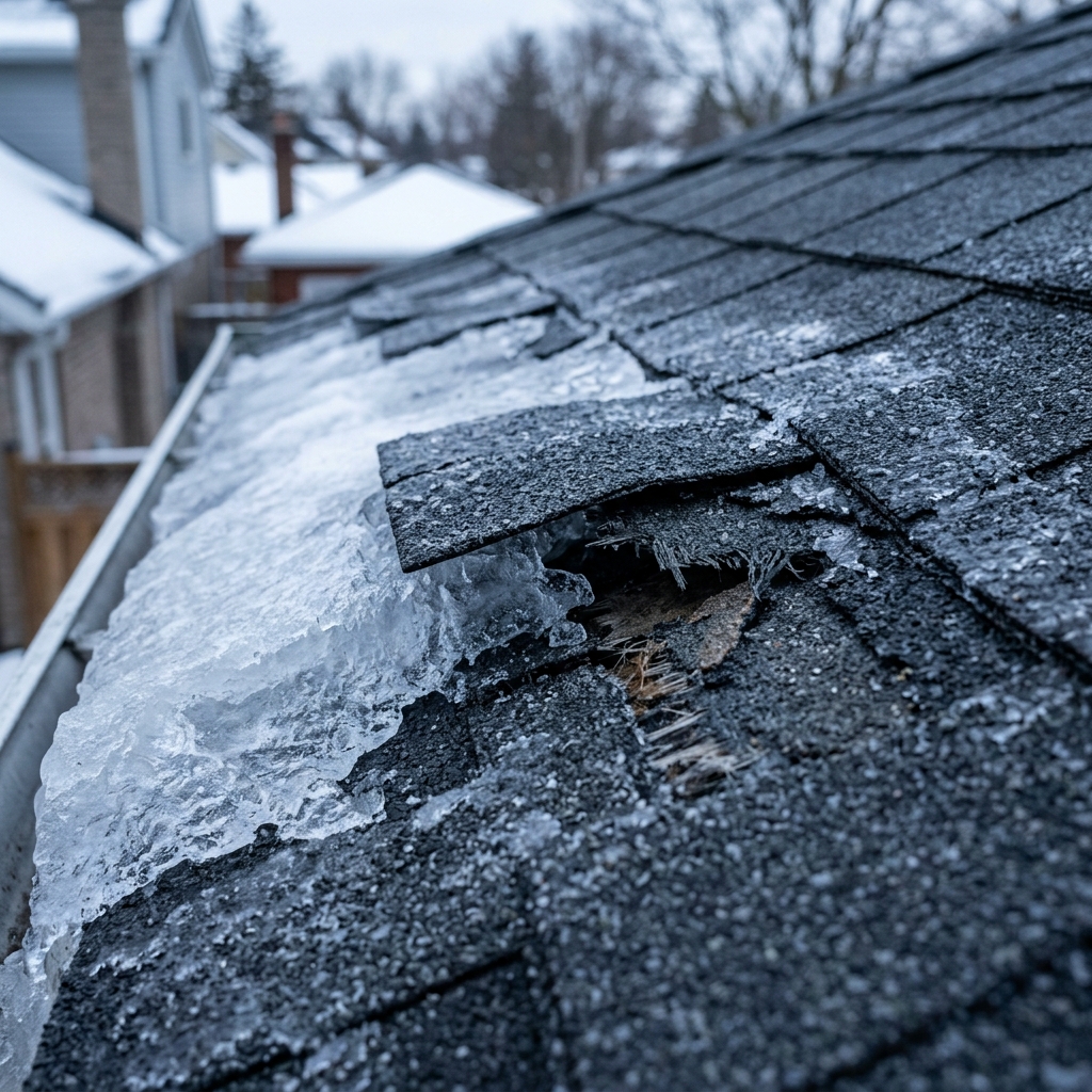 An extreme close-up of an asphalt shingle violently snapped in half by the brutal expansion of freezing rain, exposing the raw fiberglass matting and bare roof deck to the harsh winter elements.