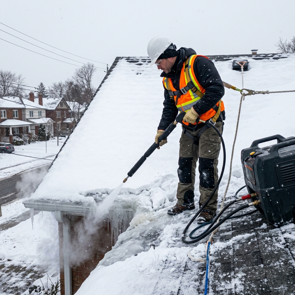 A professional roofing technician securely harnessed to a roof, utilizing a low-pressure steam machine to safely melt a massive ice dam without damaging the brittle asphalt shingles below.
