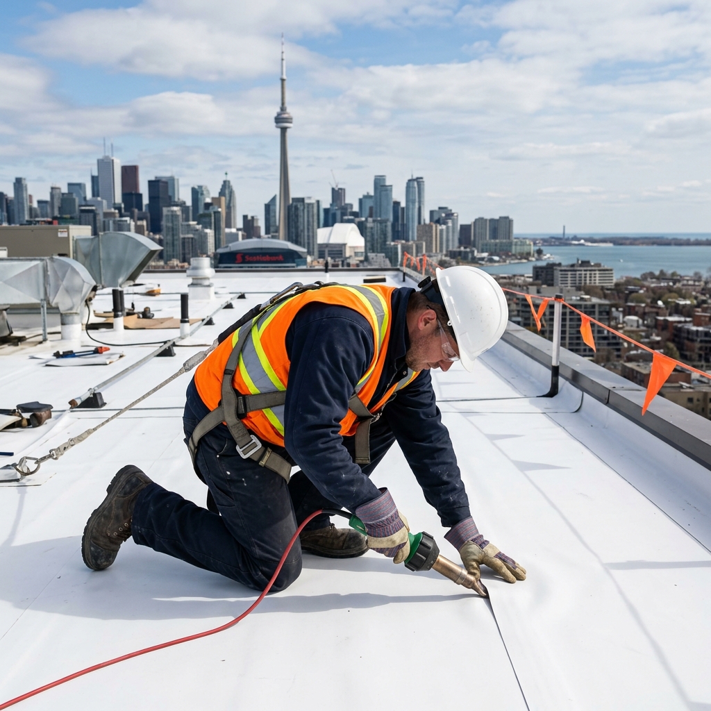 A professional roofing technician utilizing a high-powered heat welding tool to flawlessly seal the seams of a white TPO flat roof membrane on a modern Toronto home.