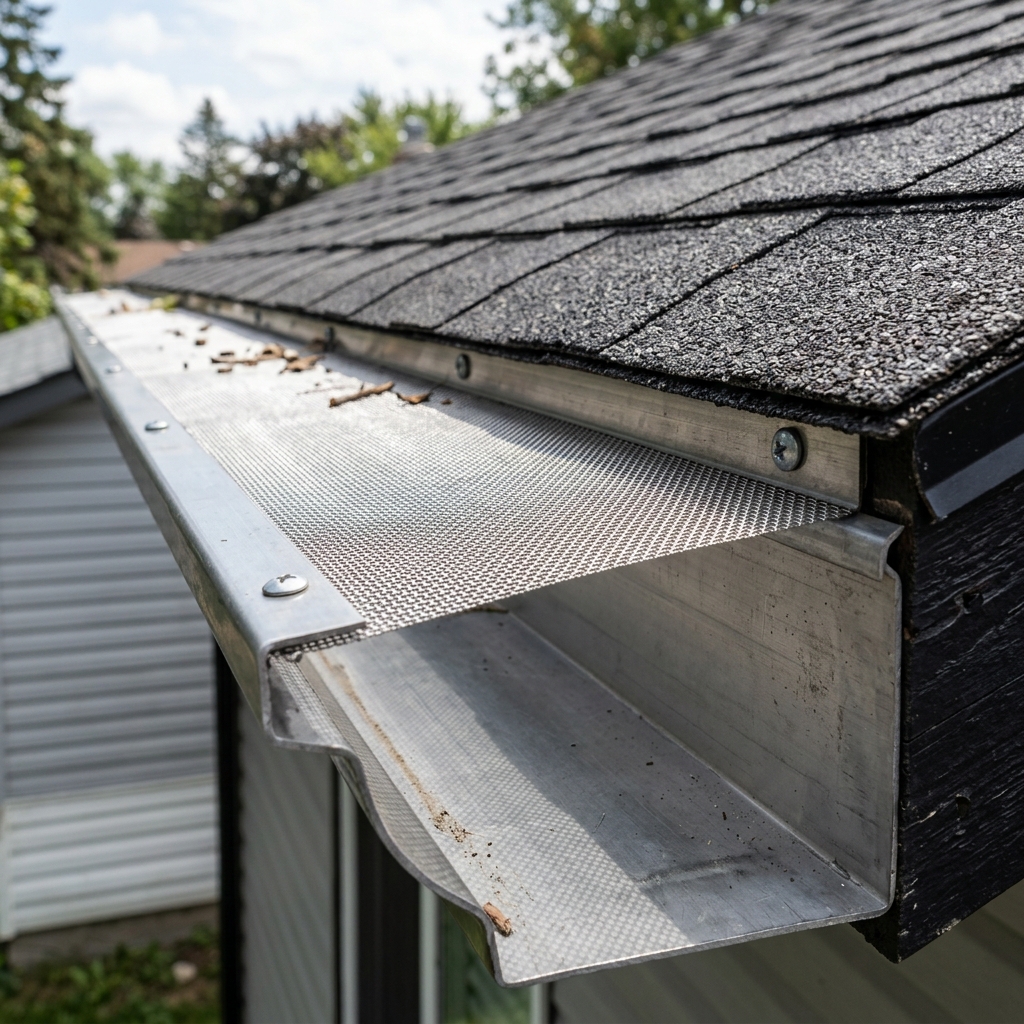 An extreme close-up detailing the precise integration of an aluminum drip edge overlapping the back lip of a seamless eavestrough, guaranteeing zero water bypass.