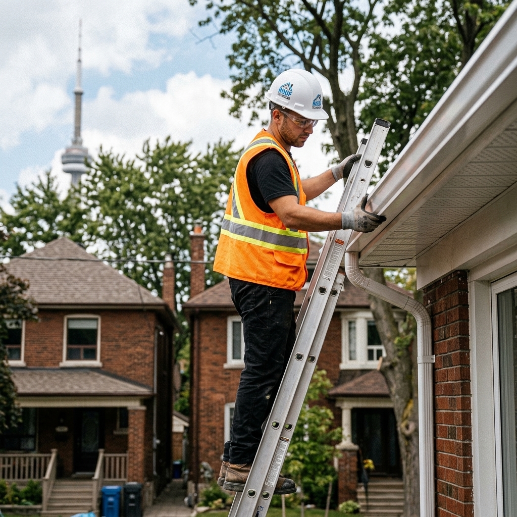 A specialized roofing technician using a heavy-duty drill to secure an advanced micro-mesh gutter guard system onto a seamless aluminum eavestrough on a Toronto home.
