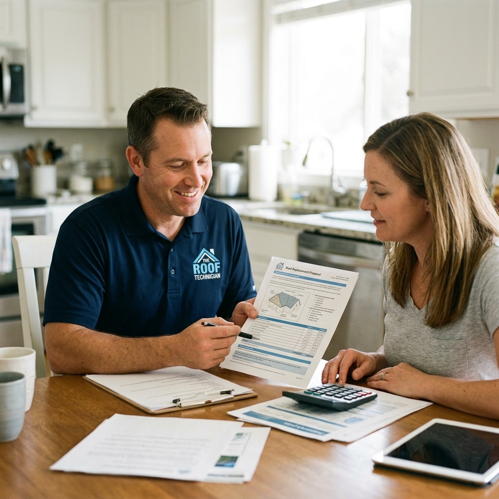 A professional roofing project manager sitting at a kitchen table with Toronto homeowners, clearly explaining a detailed roofing contract and flexible financing payment plans.