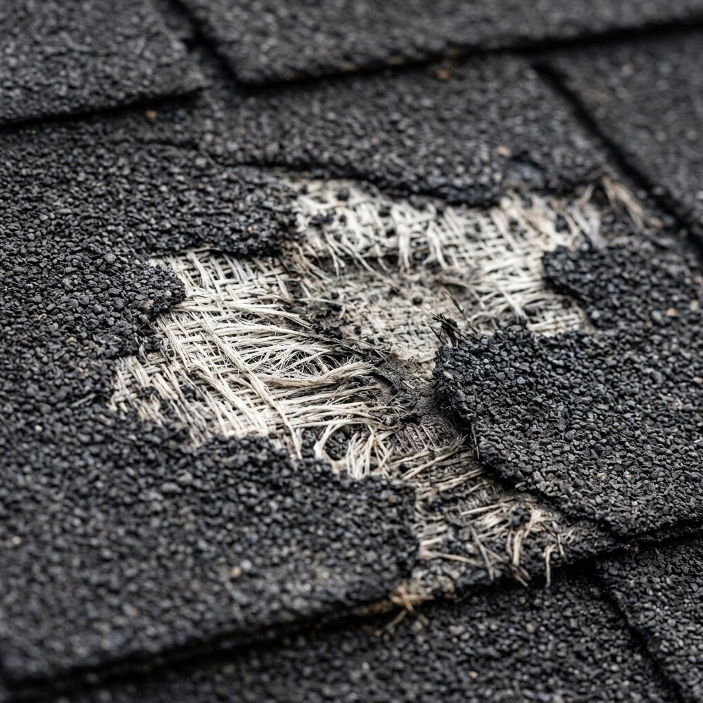An extreme close-up of premium asphalt shingles showing the delicate, tiny colored ceramic granules that protect the roof from UV damage, which are easily destroyed by pressure washing.