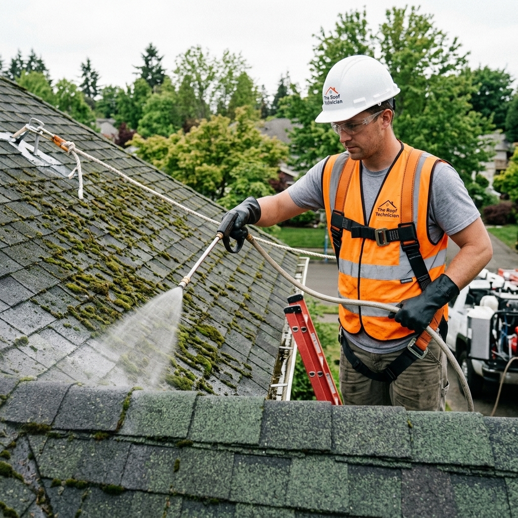 A professional roofing technician utilizing specialized low-pressure soft-wash equipment to safely apply highly effective algaecide to a stained asphalt roof in Toronto.
