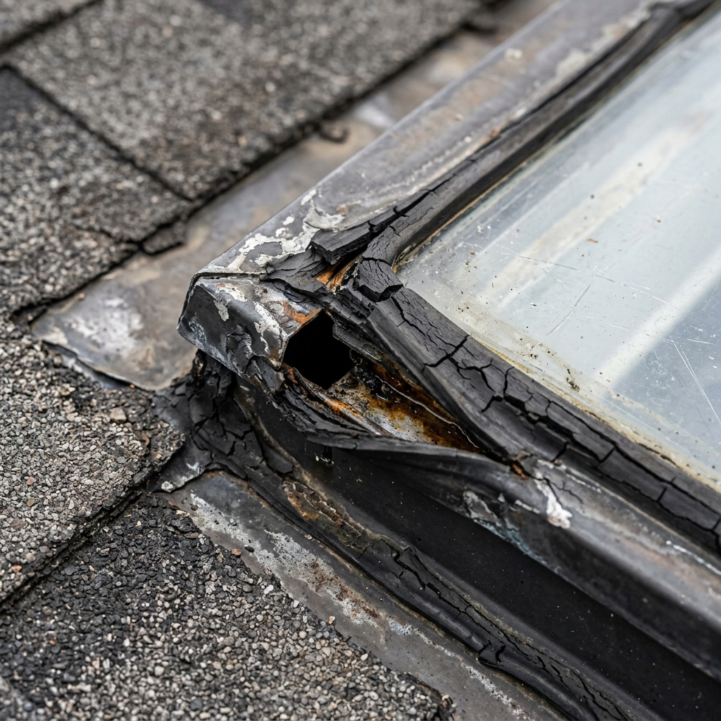 An extreme close-up showing the failed, cracked polyurethane sealant around the base of a skylight, which is the primary entry point for devastating water infiltration during a storm.