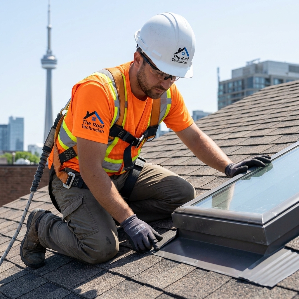 A highly trained roofing technician safely harnessed on a steep Toronto roof, utilizing specialized tools to carefully inspect the metal step flashing around a large skylight.