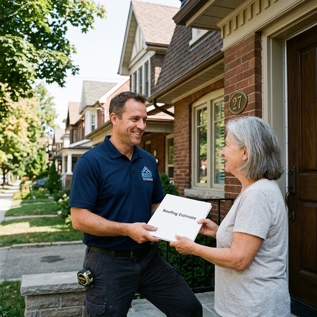 A professional roofing project manager carefully explaining a highly detailed, line-item quote to homeowners at their kitchen table, ensuring complete transparency before any contract is signed.