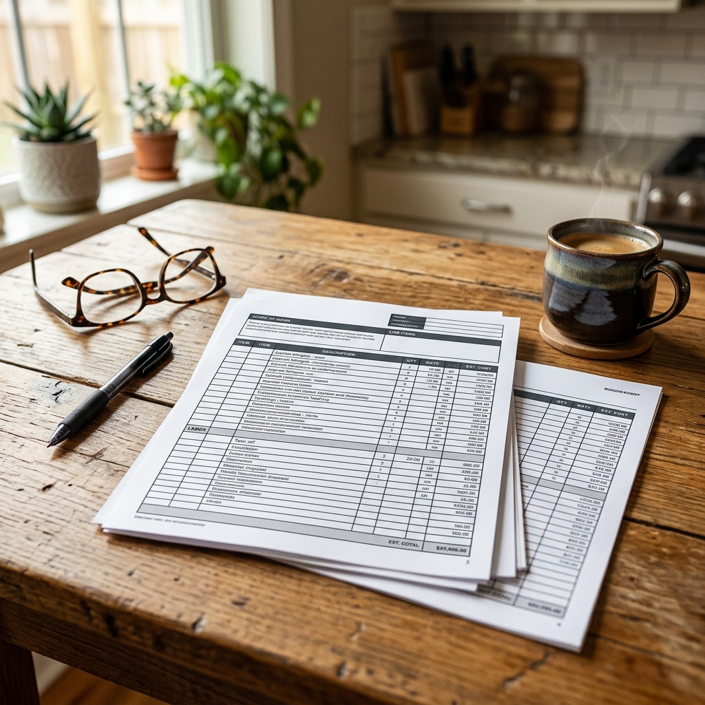 A highly detailed, professional roofing estimate document laid out on a table alongside material samples and a calculator, highlighting the transparency required for a $15,000 project.
