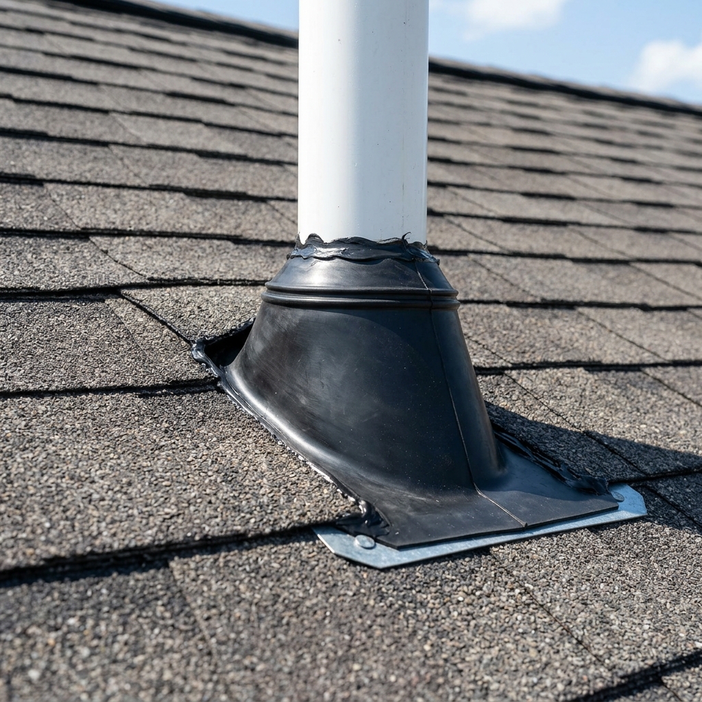 An extreme close-up of a severely cracked and degraded rubber neoprene collar on a plumbing vent pipe boot, which allows massive water infiltration directly into the attic.