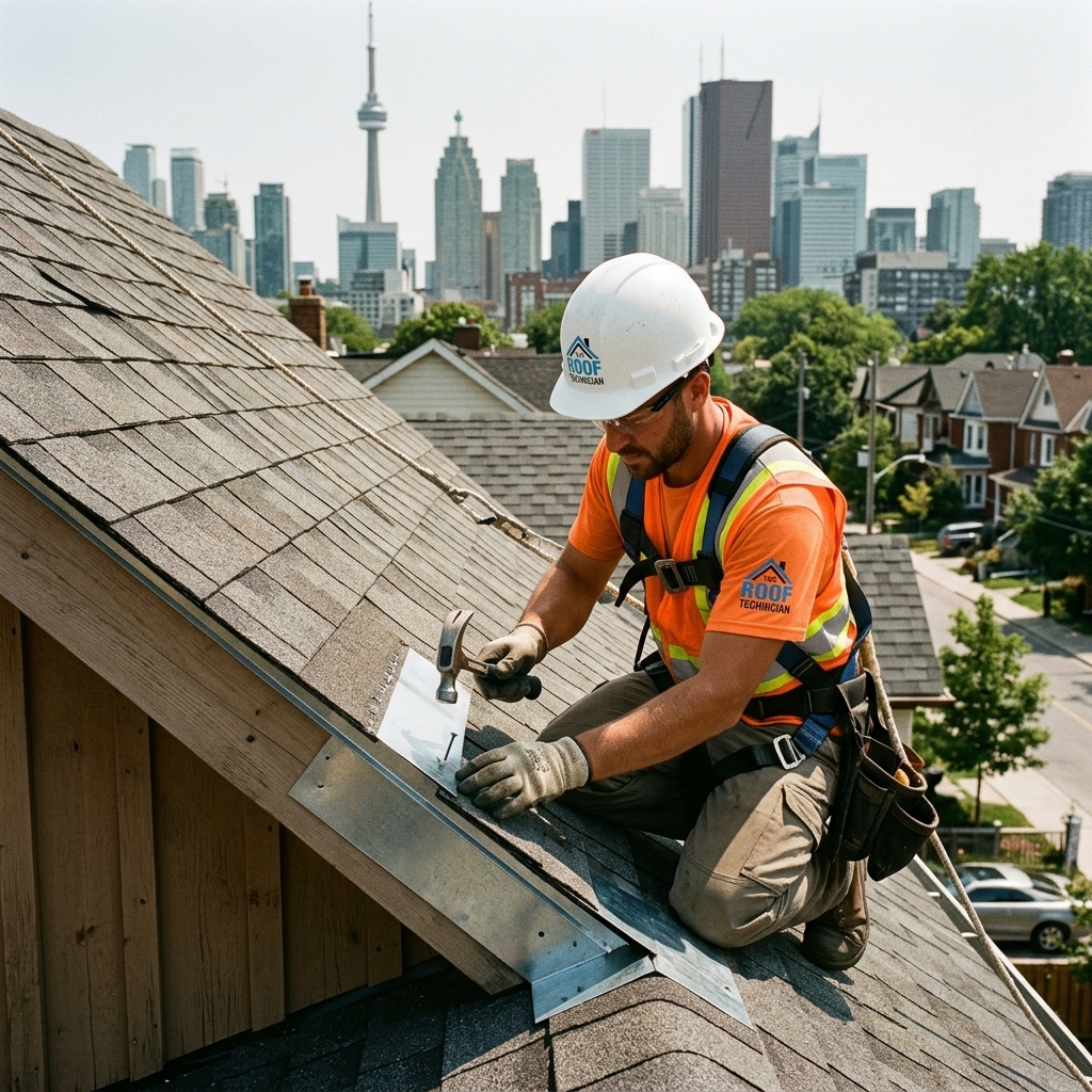 A professional roofer aggressively grinding out a mortar joint on a brick chimney to install a permanent, overlapping counter flashing system on a steep Toronto roof.