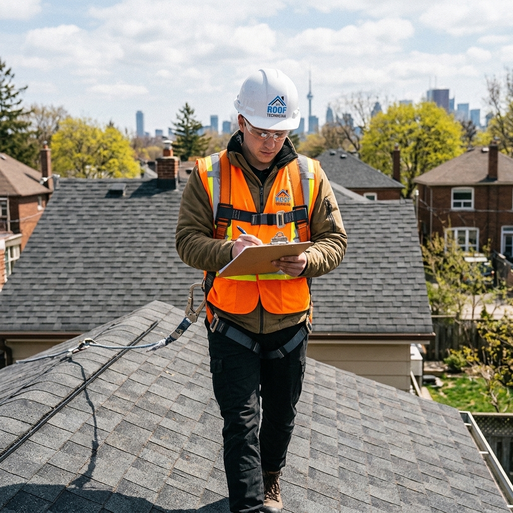 A professional roofing technician utilizing specialized, plastic-edged snow removal tools to safely clear a massive, crushing snow load off a steep Toronto roof while securely harnessed.
