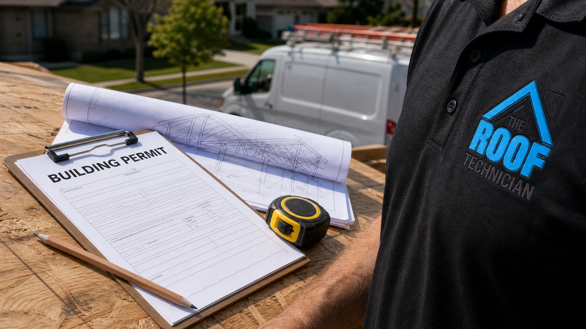 Close-up of a building permit document and approved roof framing drawings on a clipboard at a Toronto job site