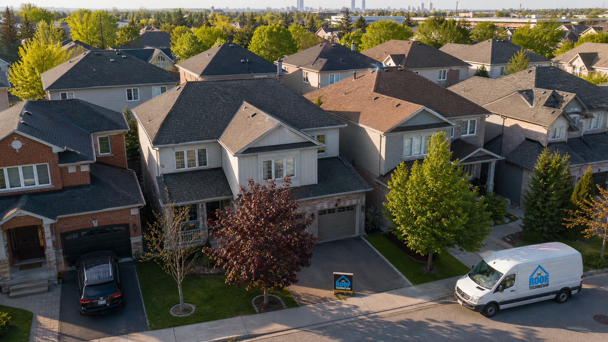 Aerial view of a Toronto residential neighbourhood showing newly replaced asphalt shingle roofs requiring a roofing permit Toronto homeowners must understand