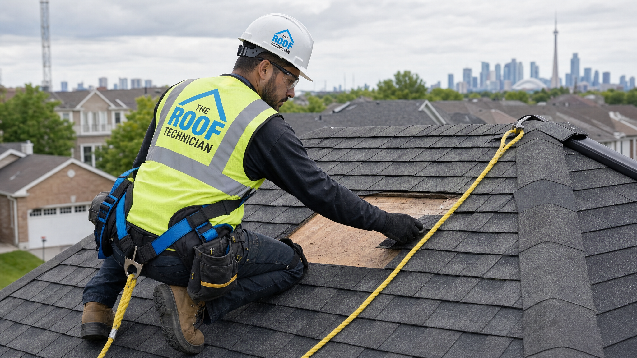 A roofer on a sloped asphalt shingle roof of a Toronto house wearing a fall-protection harness and safety rope while working on permitted structural repairs