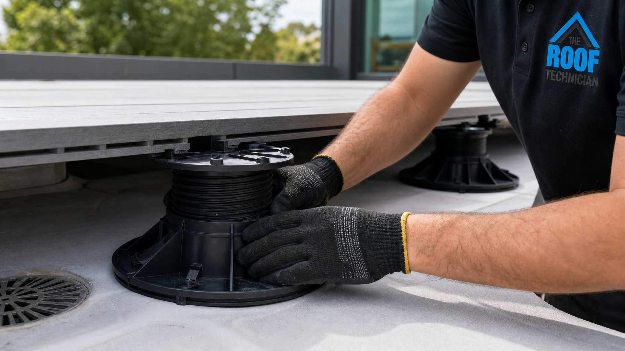 Close-up of adjustable deck pedestals supporting composite boards above a single-ply membrane on a Toronto flat roof