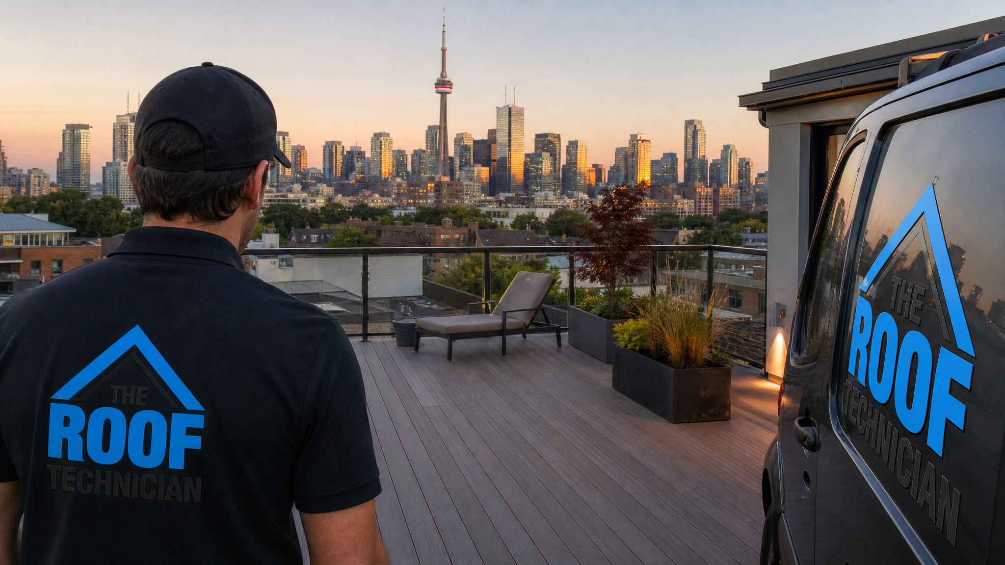 Rooftop deck flat roof Toronto home with composite decking, glass guardrail and city skyline view at dusk