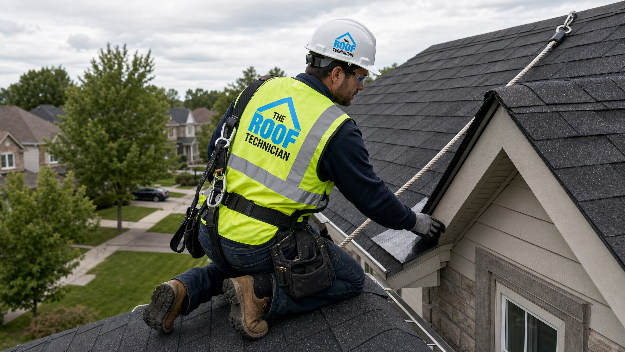 Roofer in a fall-protection harness and safety rope working on a sloped asphalt-shingle roof of a Toronto house