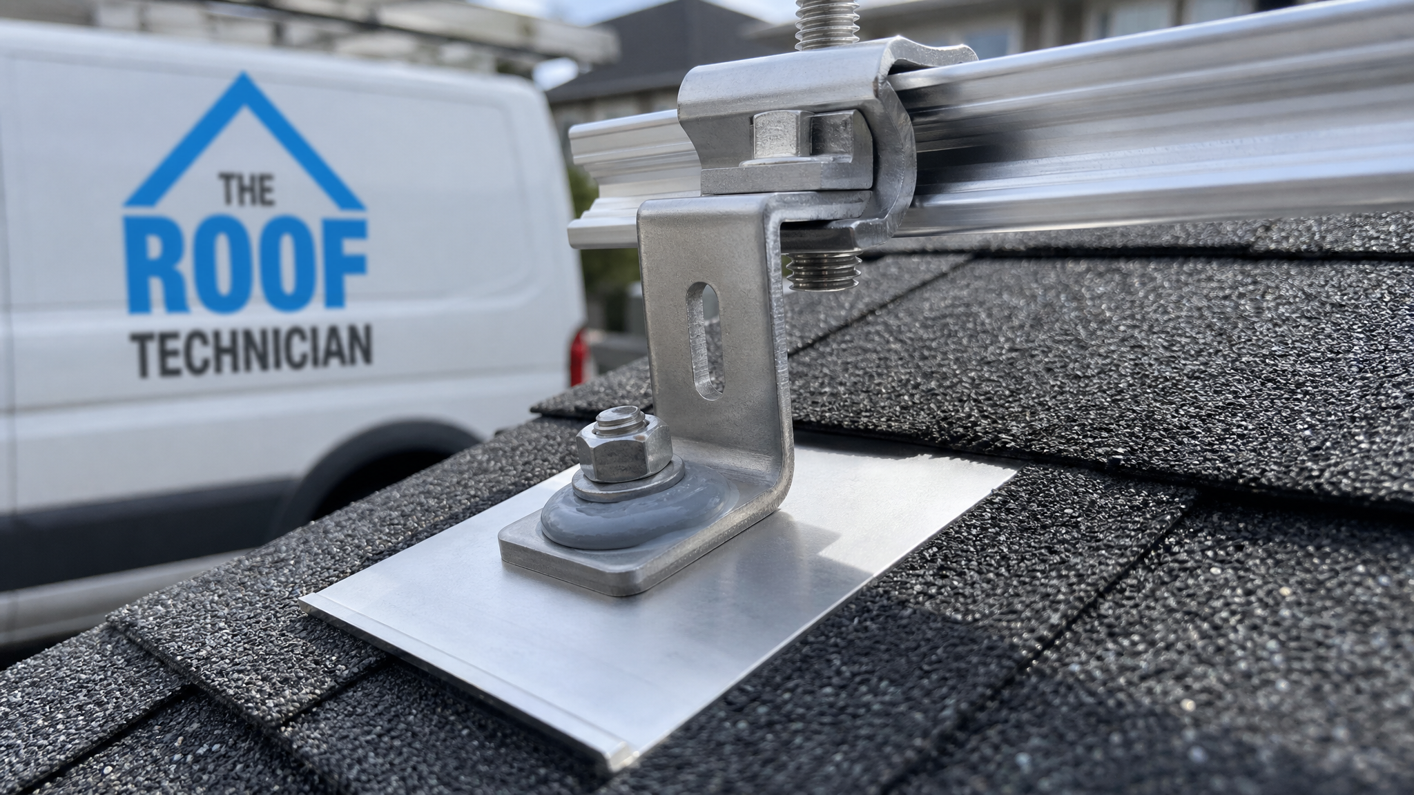 Close-up of a solar mounting bracket sealed and flashed into a new asphalt-shingle roof in the GTA