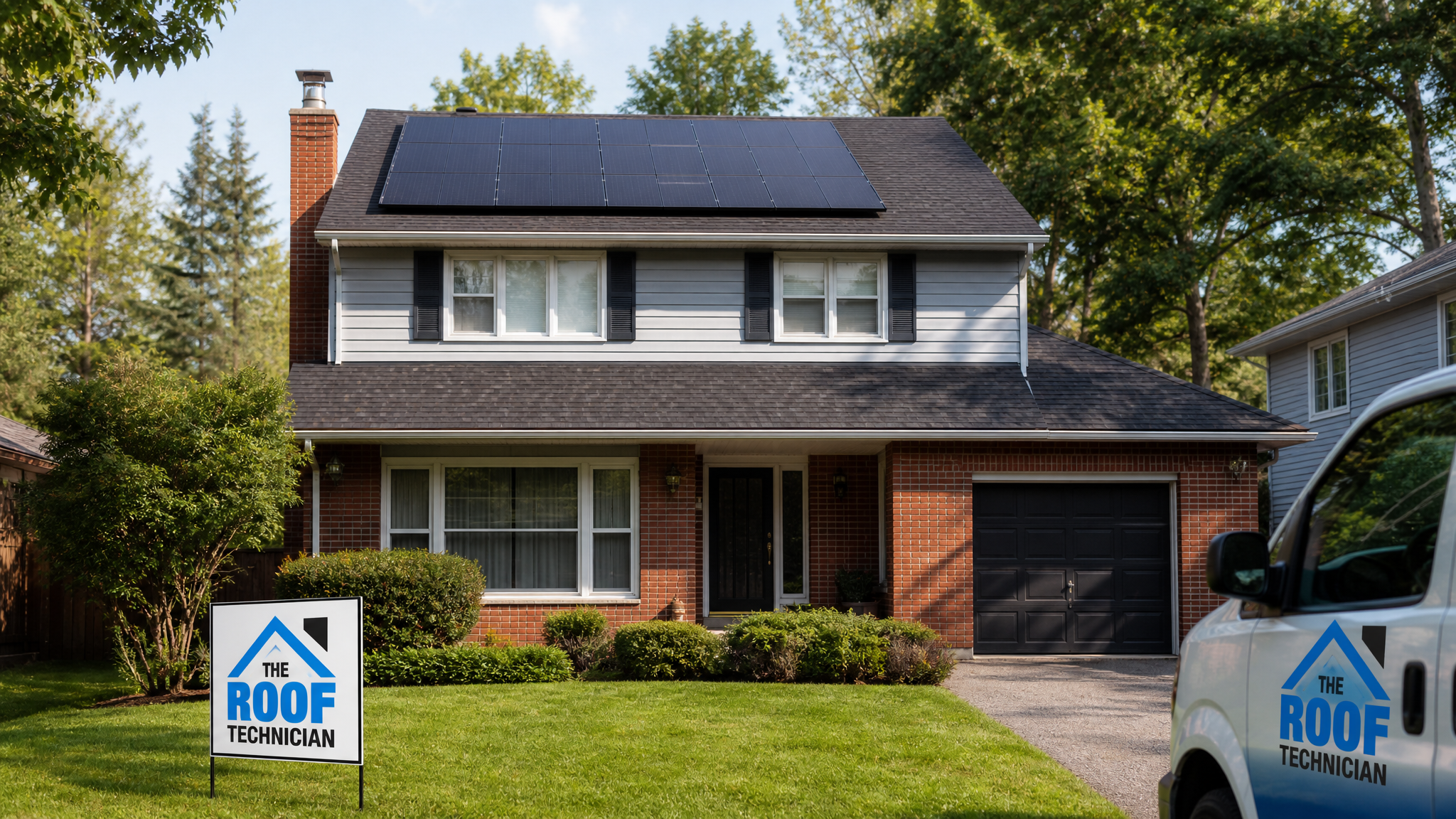 Solar panels roof replacement GTA project on a finished asphalt-shingle Toronto home with a new array installed
