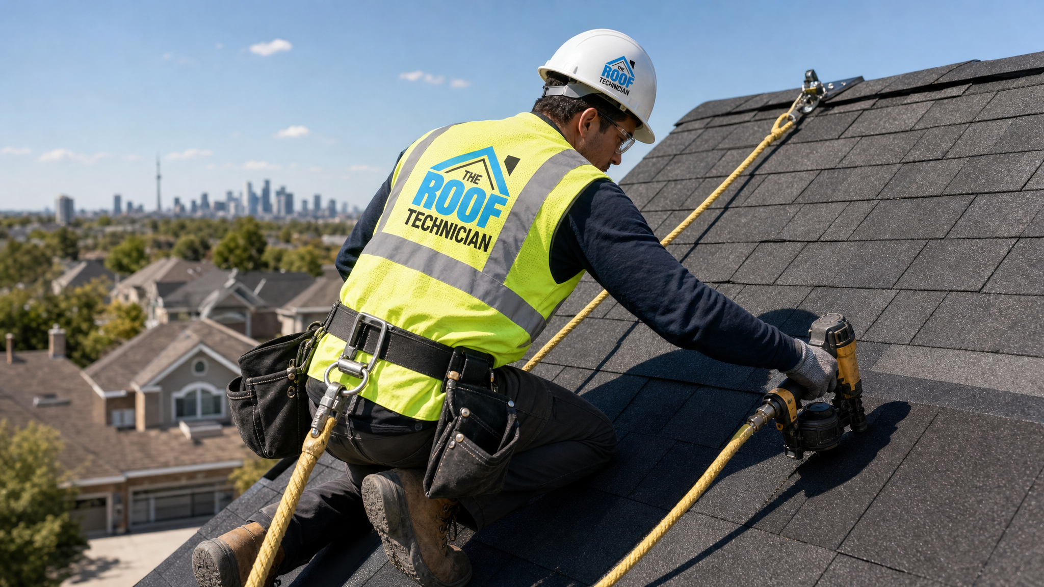 Roofer in a fall-protection harness installing new shingles on a sloped Toronto roof before solar panels
