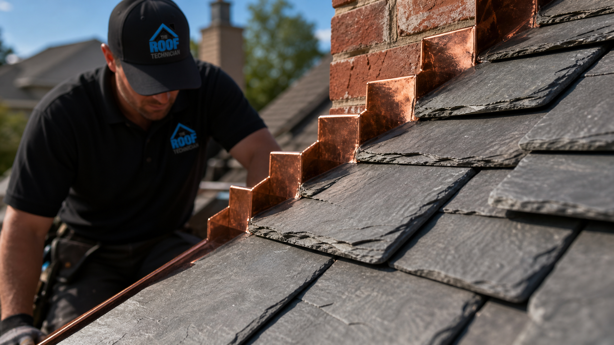 Close-up detail of slate roof tiles and copper flashing on a Toronto century home