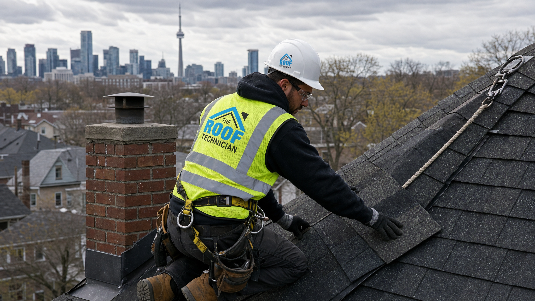 Roofer in a fall-protection harness working on the steep sloped shingle roof of a Toronto heritage home