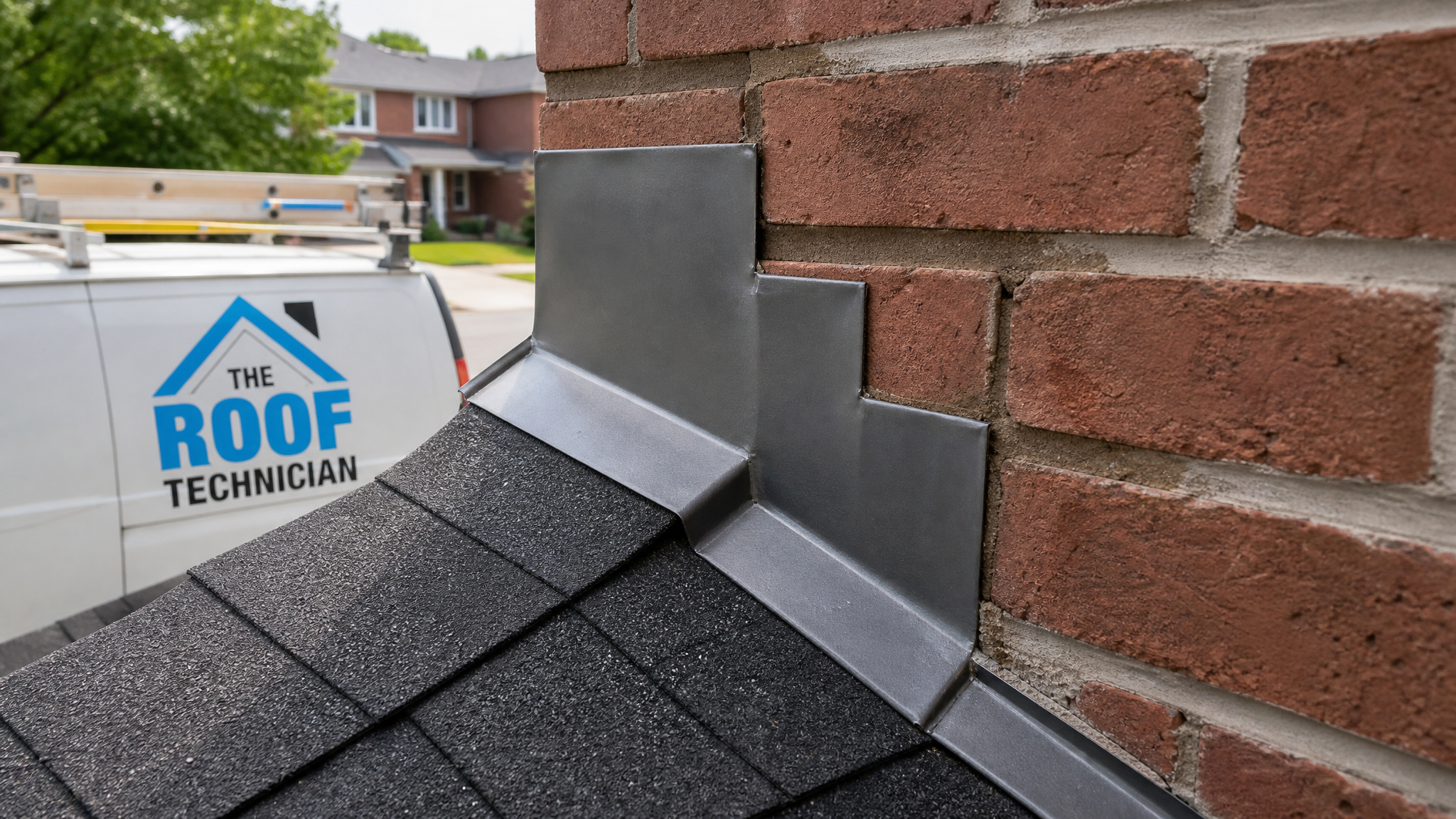 Close-up of metal step flashing and parapet cap at the dividing party wall of a semi-detached roof
