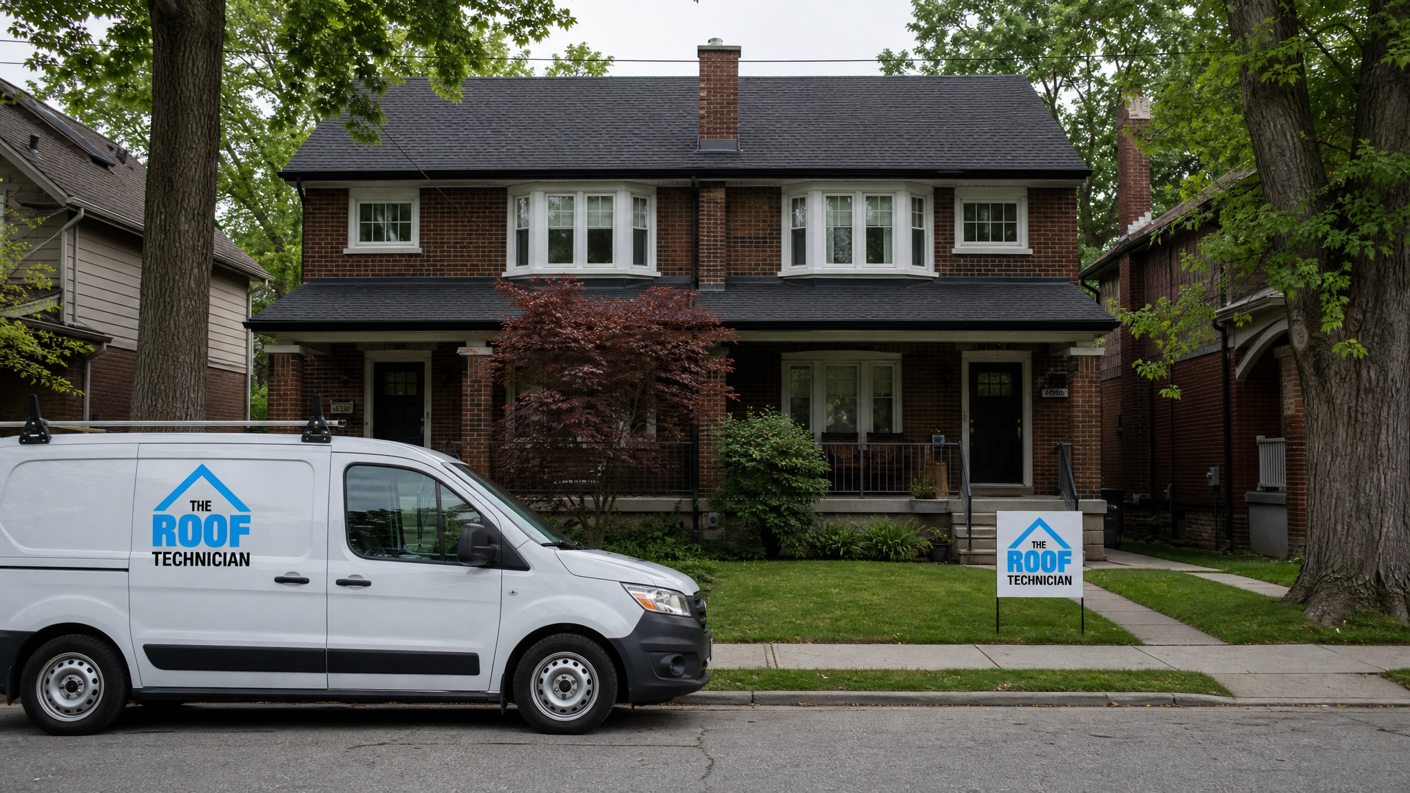 Semi detached roofing Toronto project on a pair of attached brick houses with new asphalt shingles