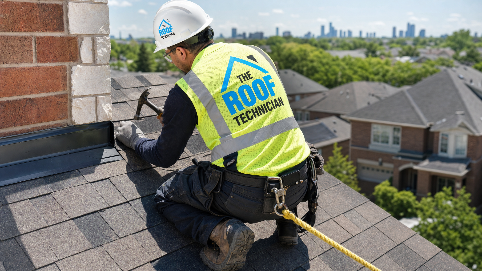 Roofer wearing a fall-protection harness and safety rope installing shingles on a sloped Toronto semi-detached roof
