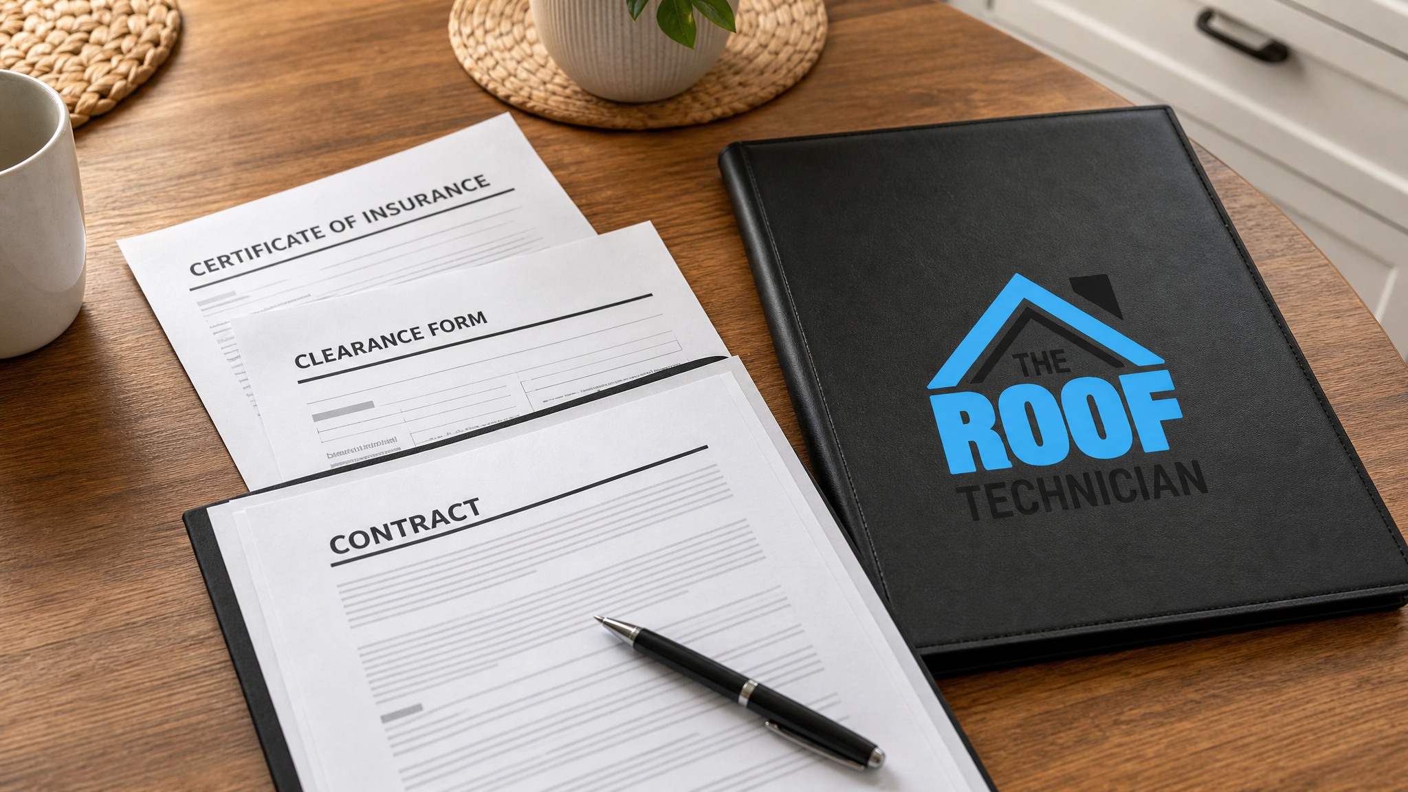 Close-up of a WSIB clearance certificate, business licence and roofing contract documents on a kitchen table