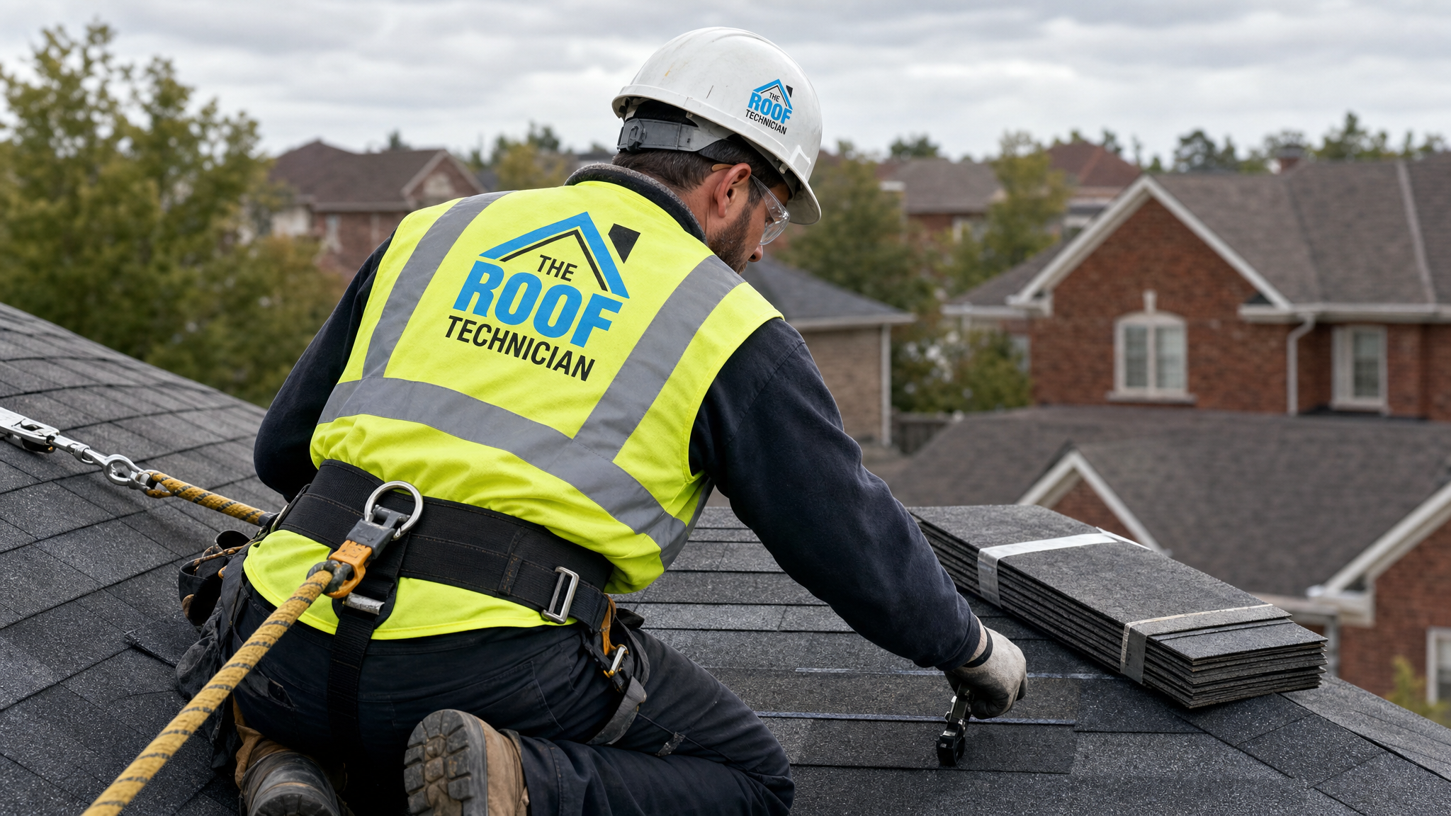 Roofer wearing a fall-protection harness and safety rope installing shingles on a sloped Toronto roof