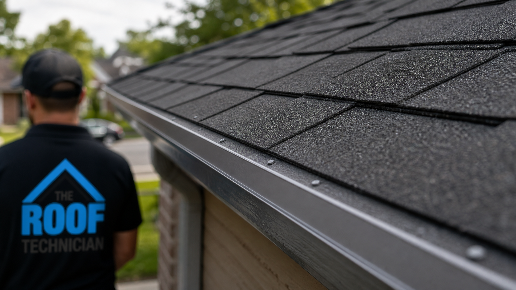 Close-up of new asphalt shingle courses and aluminum drip edge on a GTA roof edge