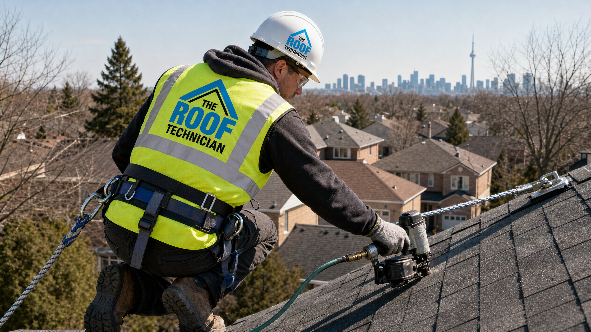Roofer on a sloped asphalt shingle roof of a Toronto house wearing a fall-protection harness and safety rope