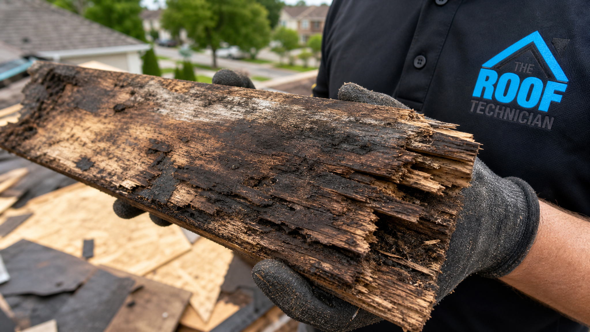 Close-up of delaminated rotten plywood roof sheathing showing dark water staining and soft fibres
