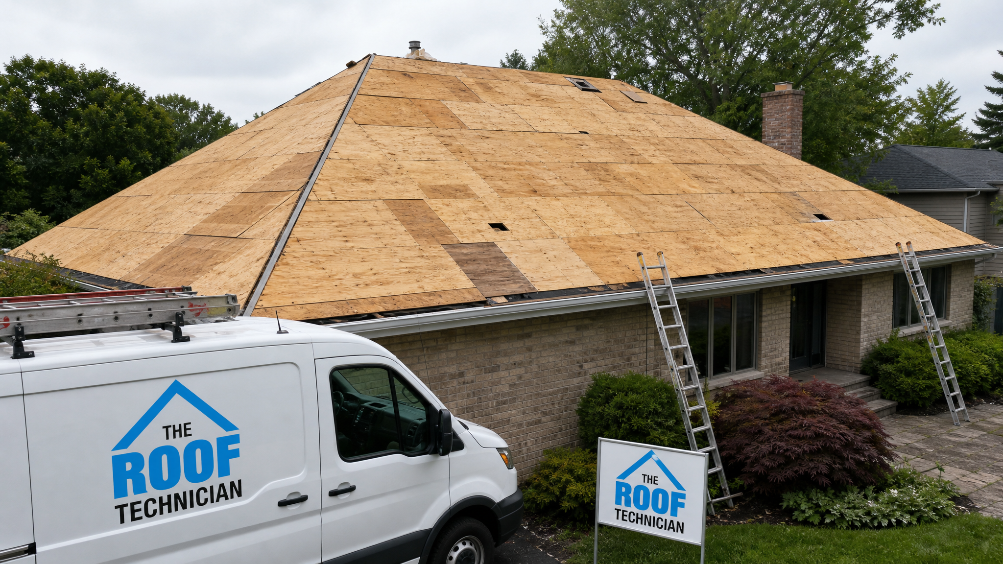 Roof decking replacement Toronto crew exposing plywood sheathing on a stripped GTA house roof