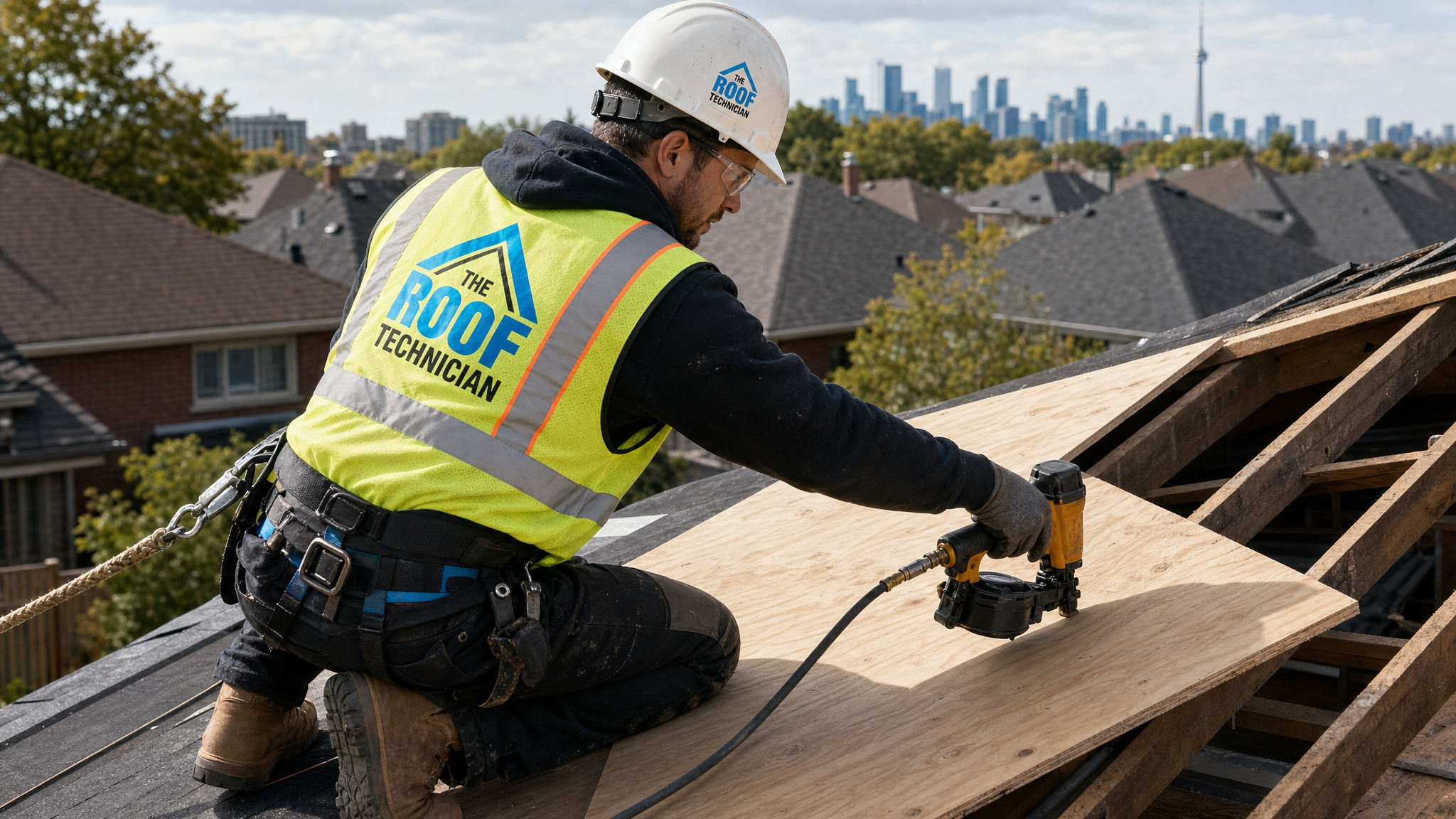 Roofer in fall-protection harness replacing rotten plywood decking on a sloped Toronto roof