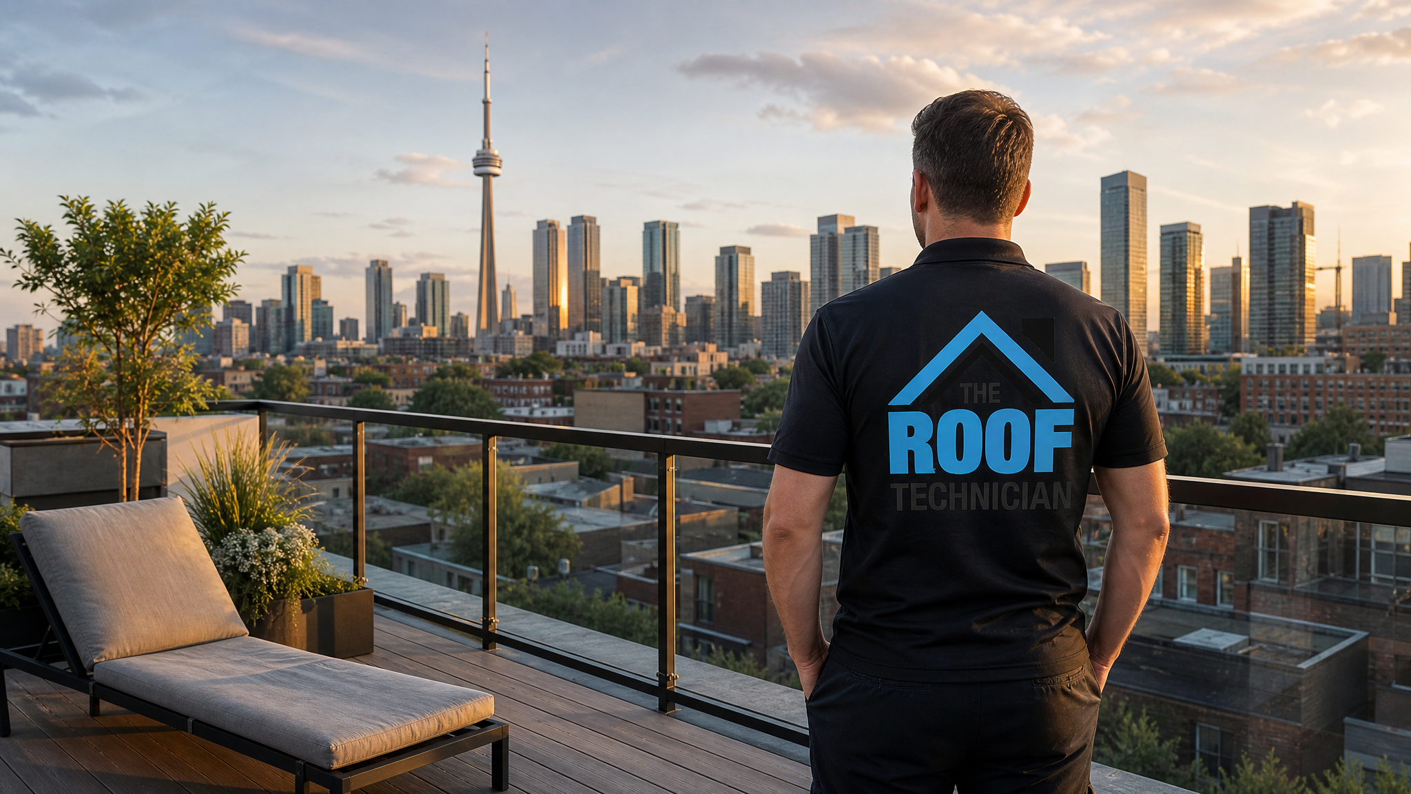Finished rooftop deck on a Toronto flat roof with glass railing and downtown skyline view