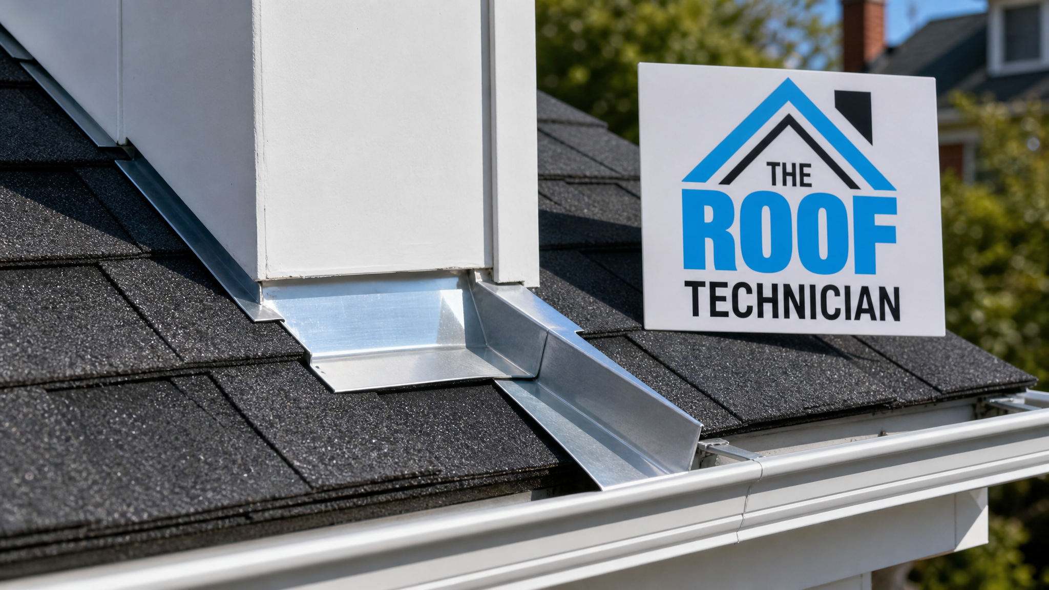 Close-up of new step flashing and kick-out flashing at the base of a dormer sidewall on a Toronto roof
