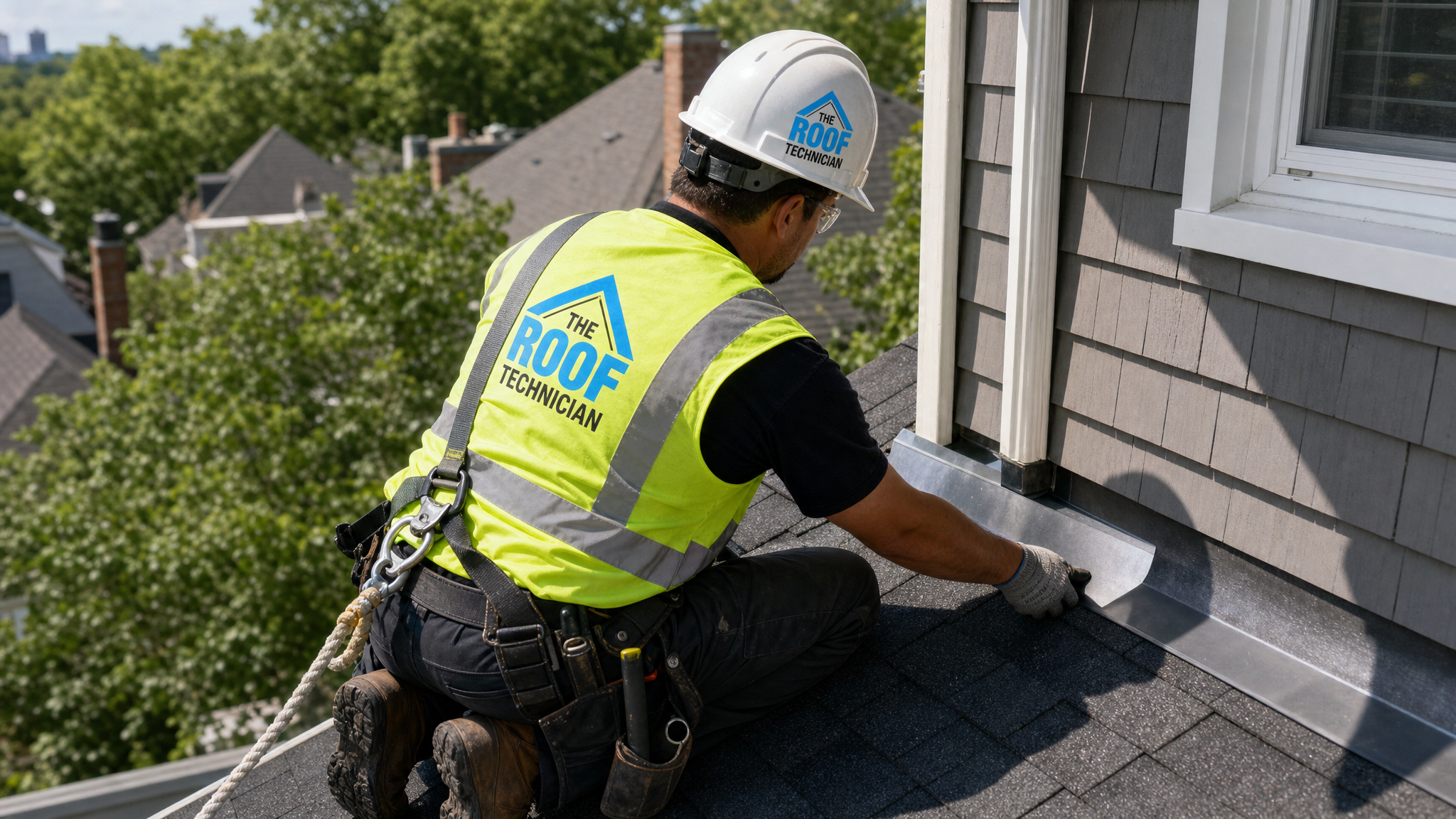 Roofer in a fall-protection harness installing step flashing on a dormer sidewall during a Toronto repair