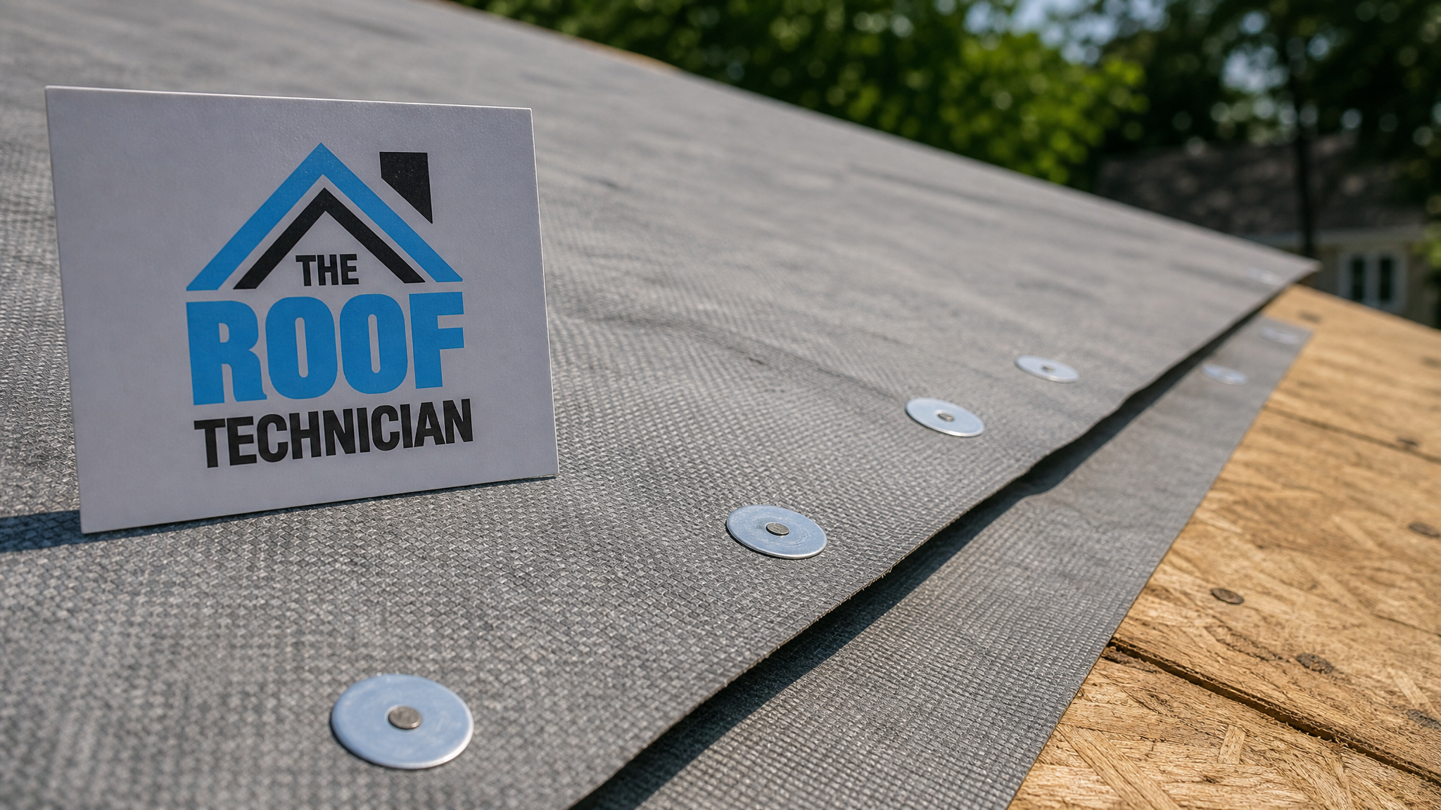 Close-up of synthetic roofing underlayment overlap seam and capped nail fastener on a roof deck