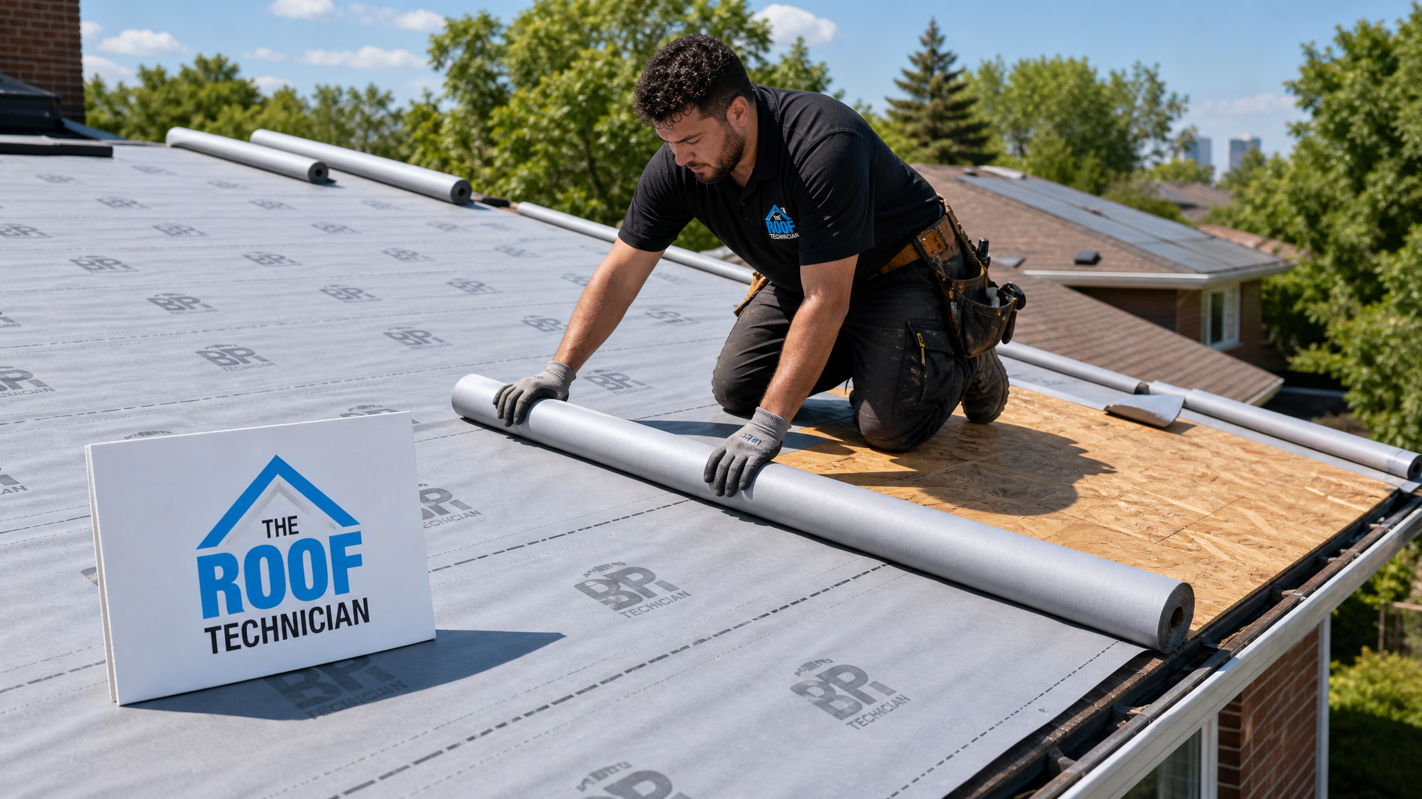 Rolls of synthetic roofing underlayment laid across a Toronto home roof deck before shingles