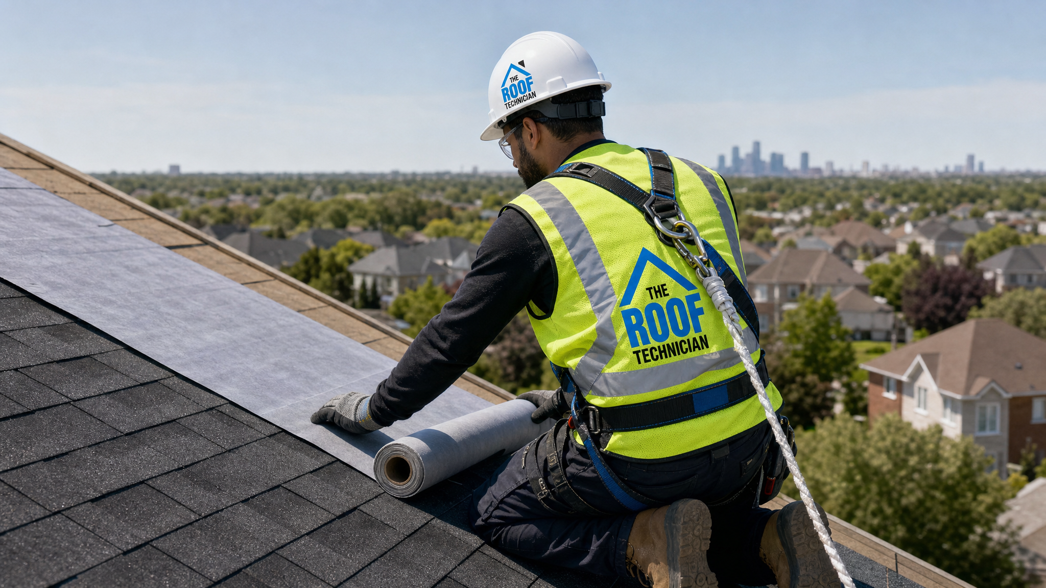 Roofer in a fall-protection harness rolling out underlayment on a sloped Toronto shingle roof