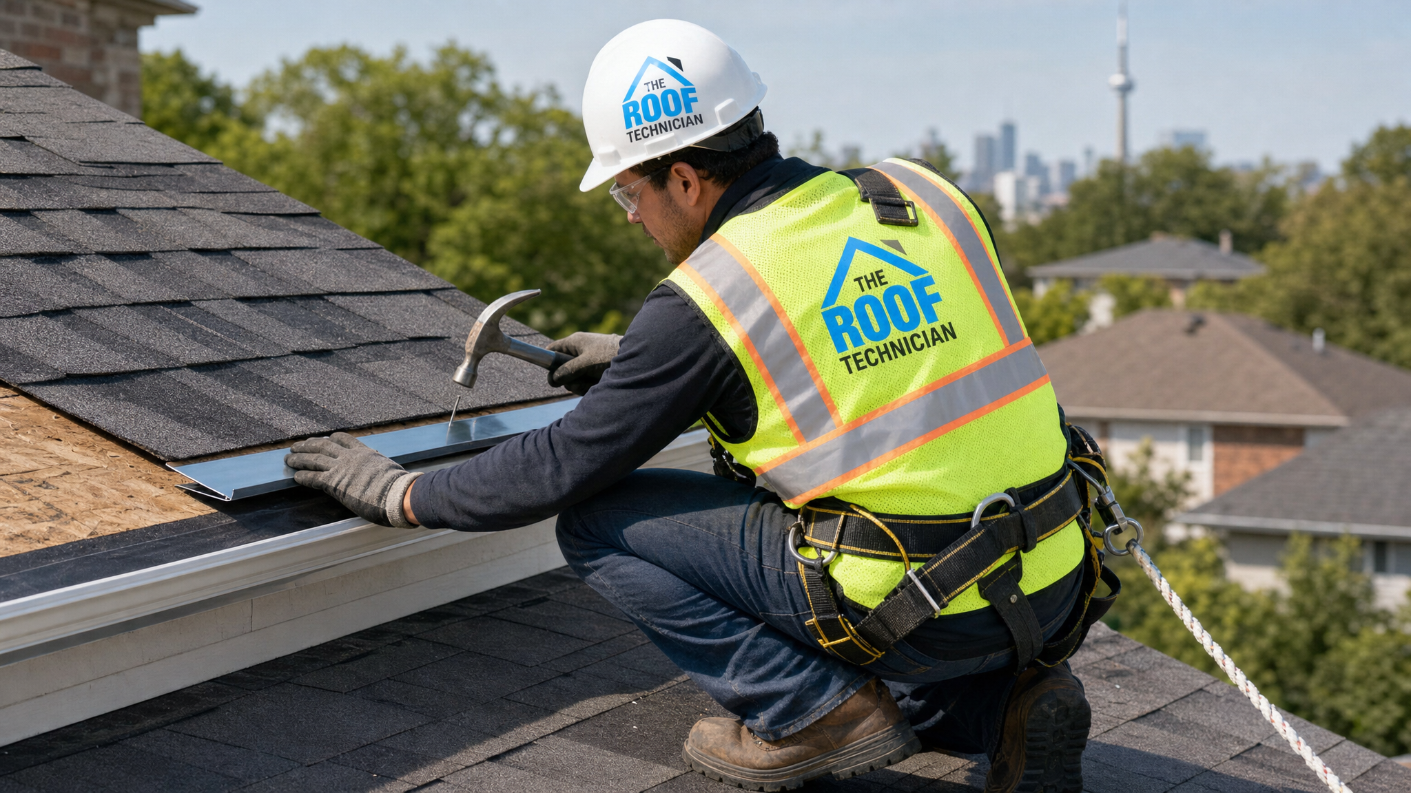Roofer fitting drip edge flashing along the eave of a sloped Toronto roof while wearing a fall-protection harness