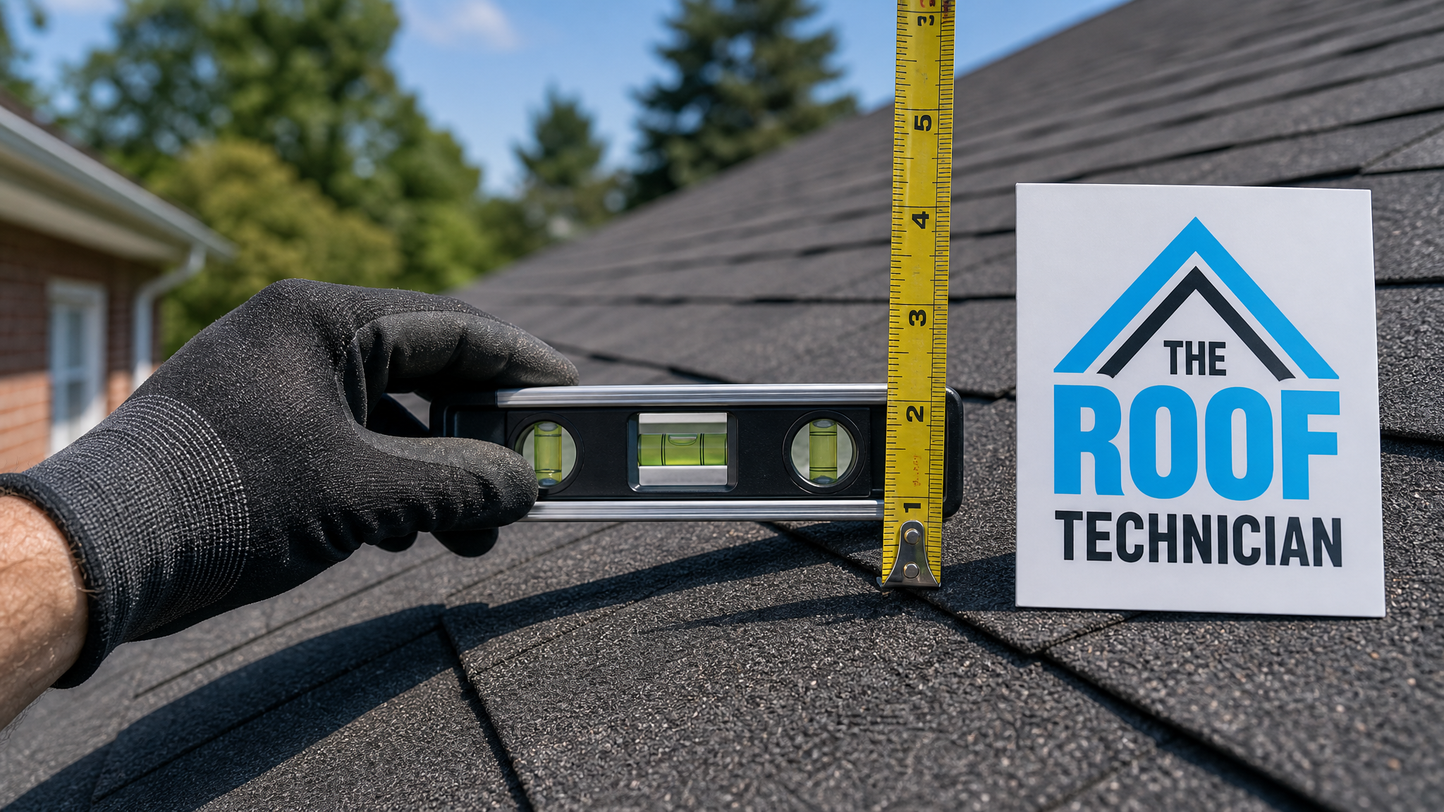 Close-up of a roofer using a level and tape measure to determine roof pitch on a shingled GTA roof