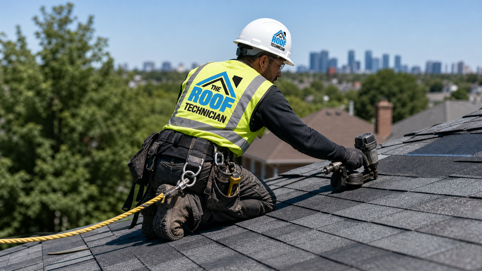 A roofer secured with a fall-protection harness and safety rope installing shingles on a sloped Toronto roof in summer