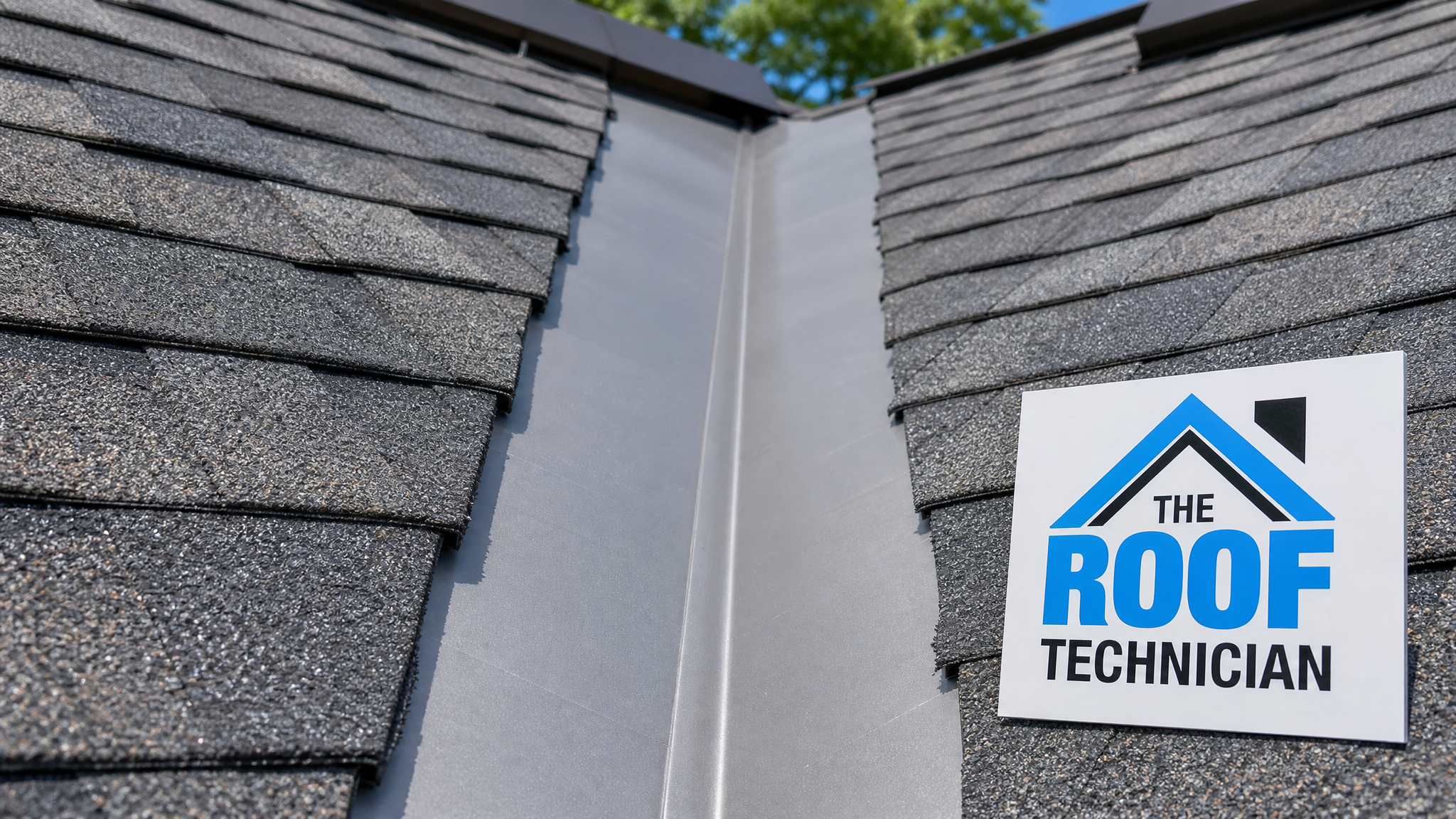 Close-up of a finished open metal roof valley channel with neatly trimmed asphalt shingle edges