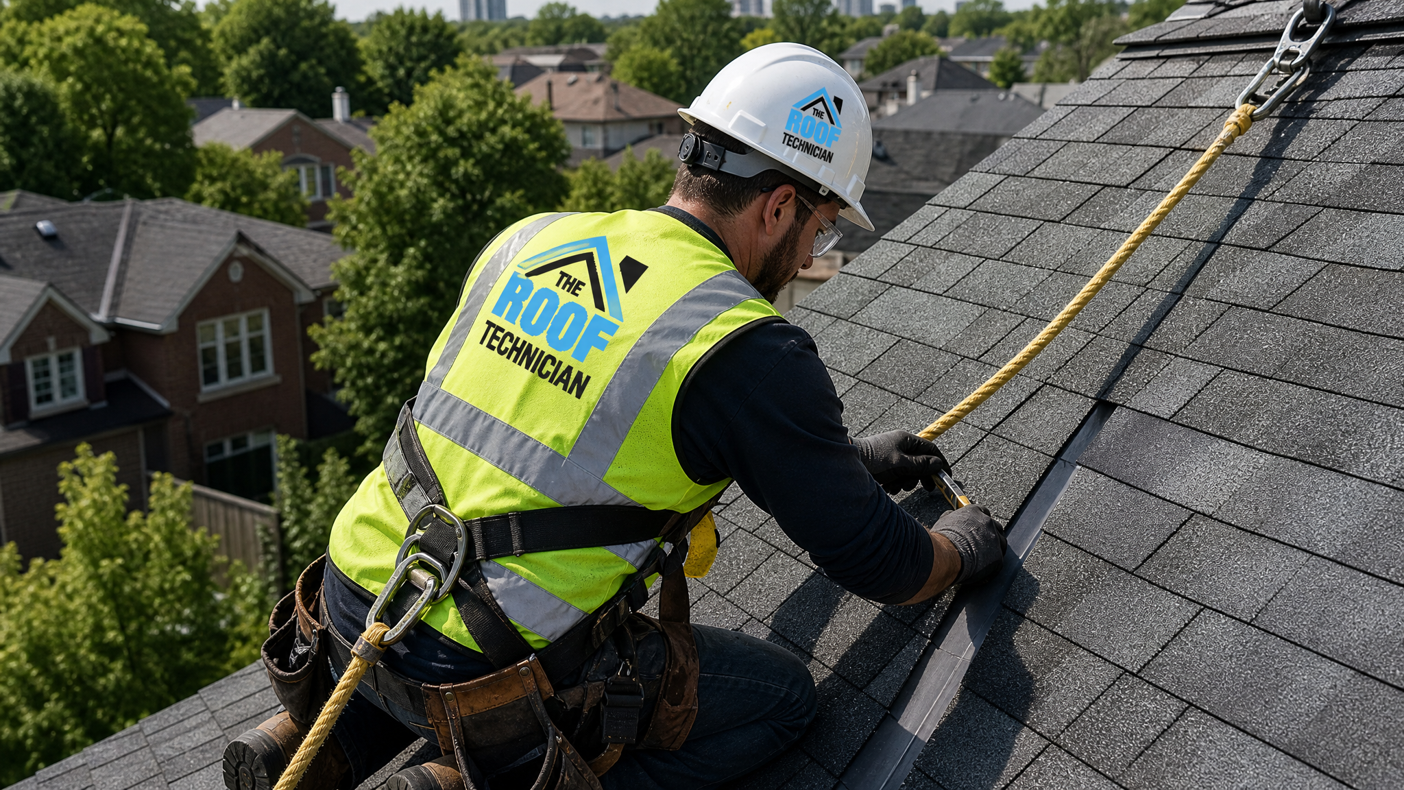 Roofer in a fall-protection harness repairing a valley on a sloped asphalt shingle roof in Toronto