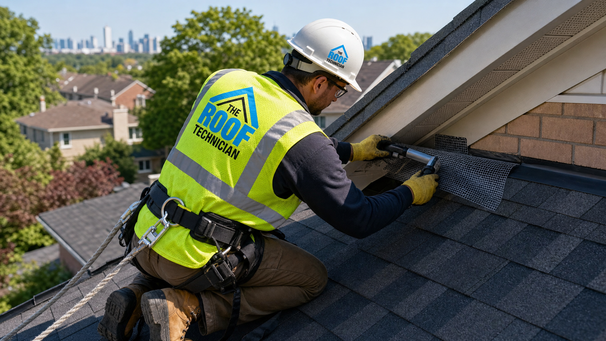 Roofer in a fall-protection harness sealing a pest entry point on a sloped Toronto shingle roof