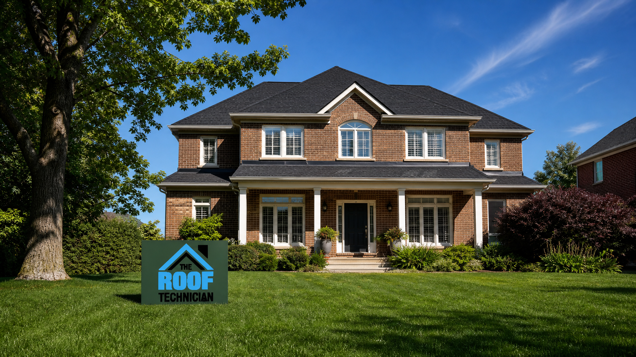 Newly replaced asphalt shingle roof on a Toronto suburban home in summer sunlight