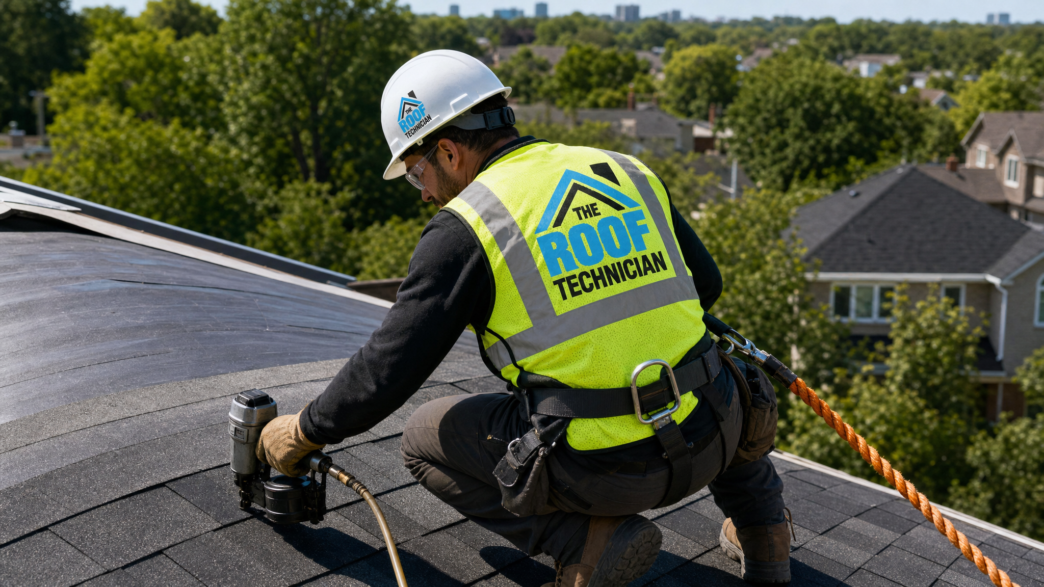 Roofing technician in full safety PPE installing shingles on a Toronto home in summer